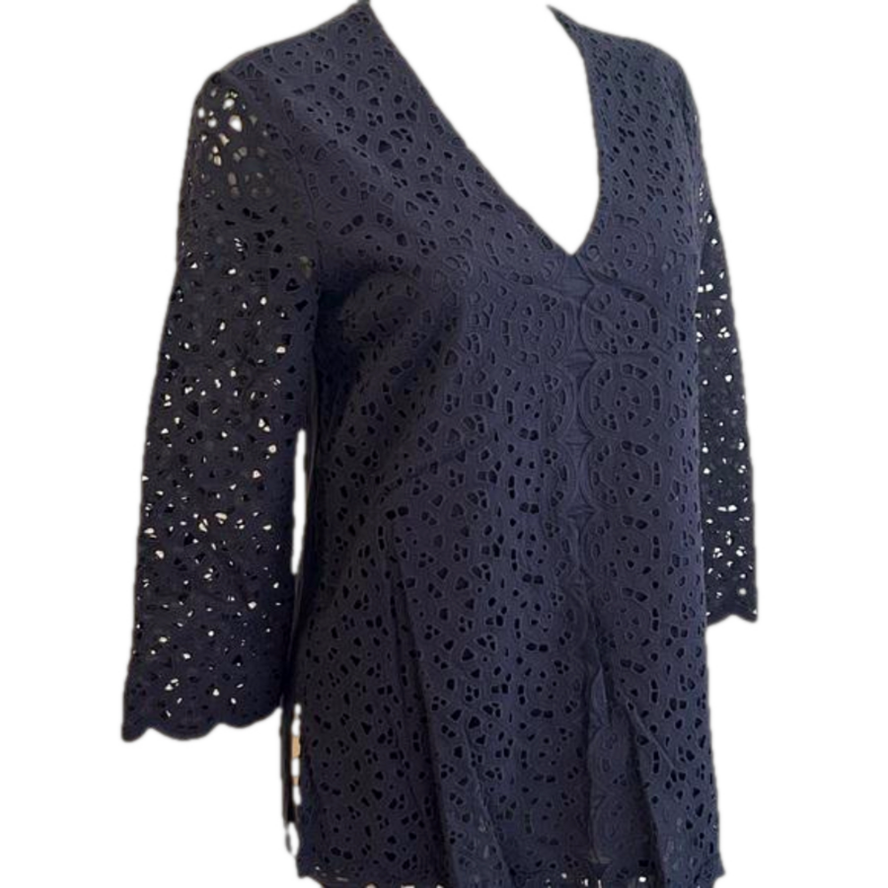 TORY BURCH 100% cotton lace eyelet blue  blouse SZ S/P